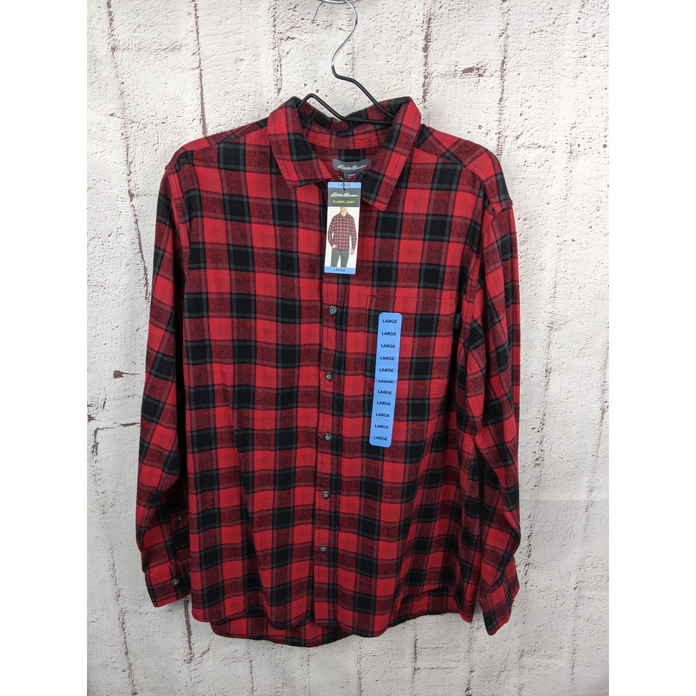 Eddie Bauer Mens Flannel Shirt Large Red Black Buffalo Plaid Cotton Long Sleeve‎